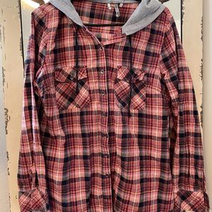 BKE Red and orange mixed hooded plaid button up. Size large.